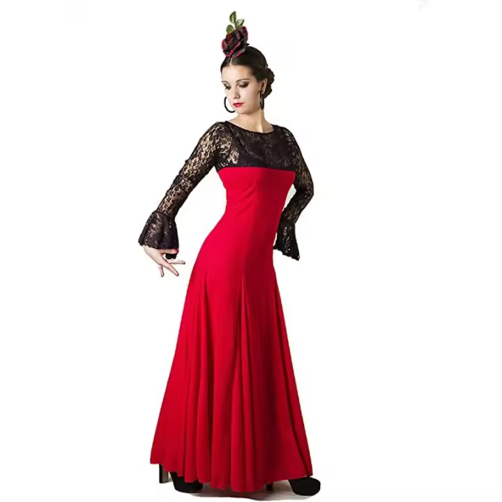 ANUKA Vestido Flamenco Mujer Encaje Negro Elegante Manga Ancha Volante - 1