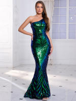Vestido De Fiesta Largo De Encaje Con Un Hombro Sin Mangas Ajustado Para Mujer Color Azul Verde Rosa Lavanda Elegante Y Sexy - details 22