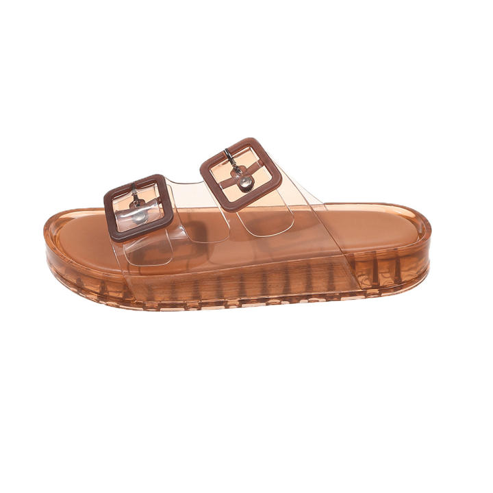 2026 New Women's Leopard Jelly Sandals Double Square Buckle Thick Sole Non-Slip Breathable Outdoor Beach Fashion Slides