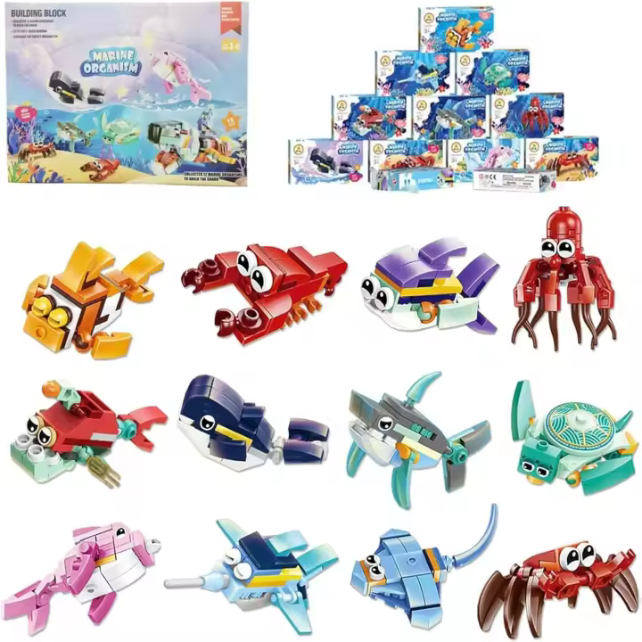 Juego De Construcción De Bloques Mini 12 En 1 Pre Lleno Con Organismos Marinos - Juguetes Educativos STEM Para Niños De 6 a 12 Años Material Plástico - 1
