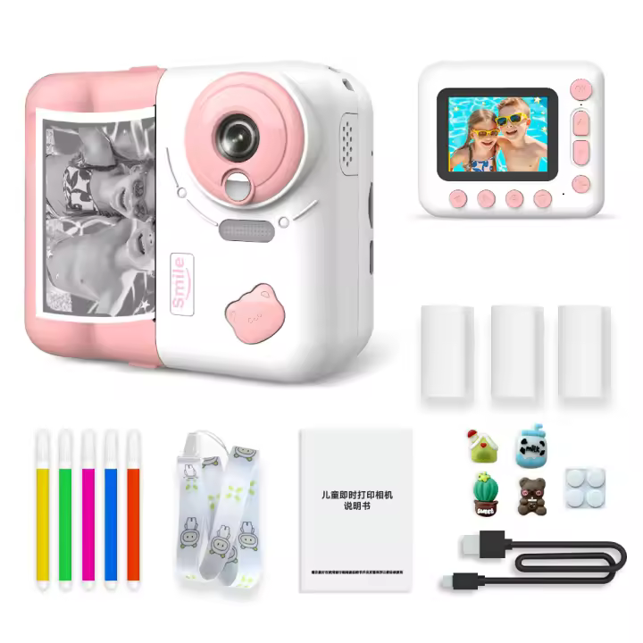 Tienda BIT Cámara de impresión instantánea para niños 1080P Pantalla IPS de 2,4 pulgadas Zoom 10X with papel de impresión Térmica Bolígrafo de color Correa Para El Cuerpo Tarjeta TF de 32 GB Niños - 1