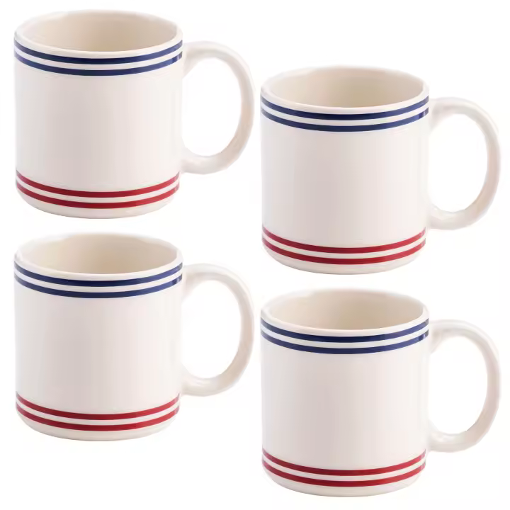 Juego de 4 Tazas de Gres 330ml El Ganso - Diseño Clásico de Rayas Azules, Rojas y Blancas - Apto para Microondas y Lavavajillas - Ideal para Uso Diario - 1