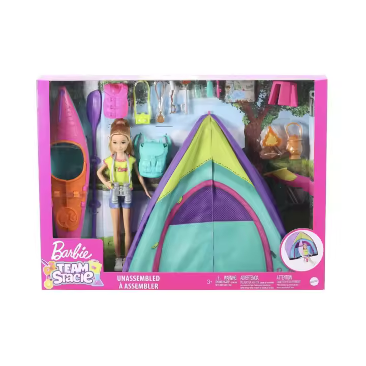 Barbie Equipo Stacie Muñeca con Accesorios de Acampada, Tienda de campaña y Kayak de Juguete - Aventuras al aire libre con Mattel GJB58 - 1