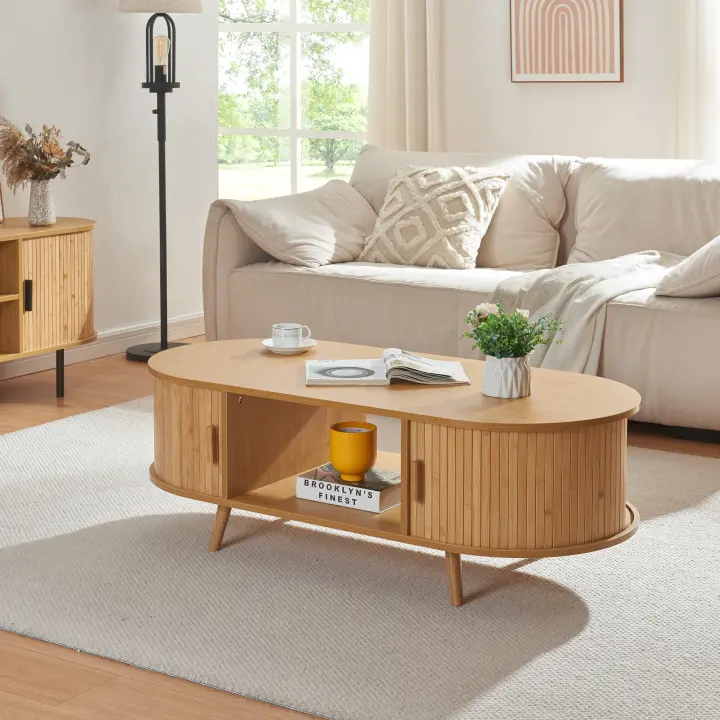 Mesa de centro Nordkapp con estantes MDF bambú 120x55x40cm - Natural [en.casa] - 1