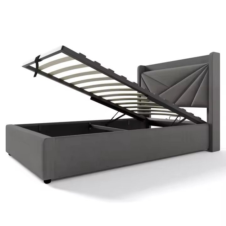 Cama tapizada Cama individual Caja de Cama con función de carga USB C Cabecero, Cama de almacenamiento Marco de Cama de Lino Cama Juvenil 90x200 with somier (Con colchón) - 1