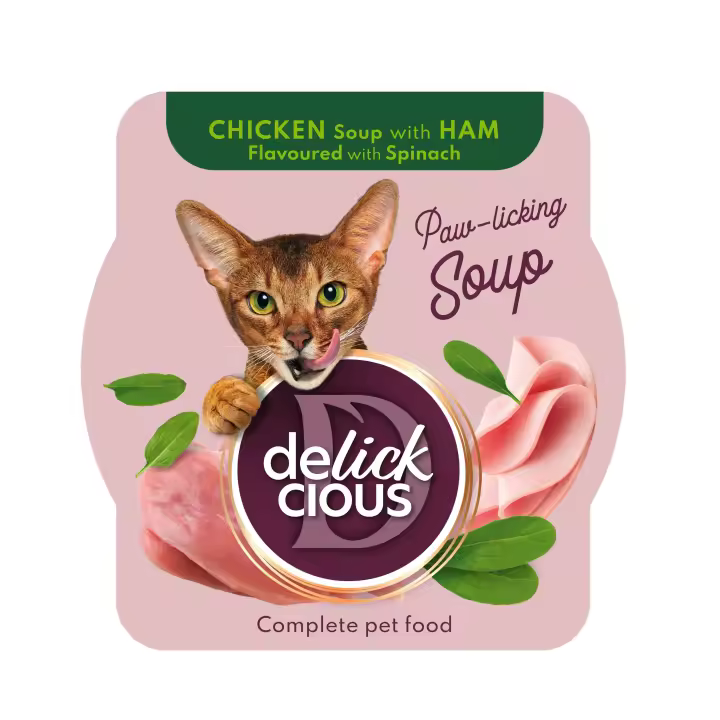 DELICKCIOUS - Sopa de Pollo con jamón  y espinacas .  Alimento completo para gatos adultos. PACK 6 unds de 80g o 12 unds de 80 g - 1