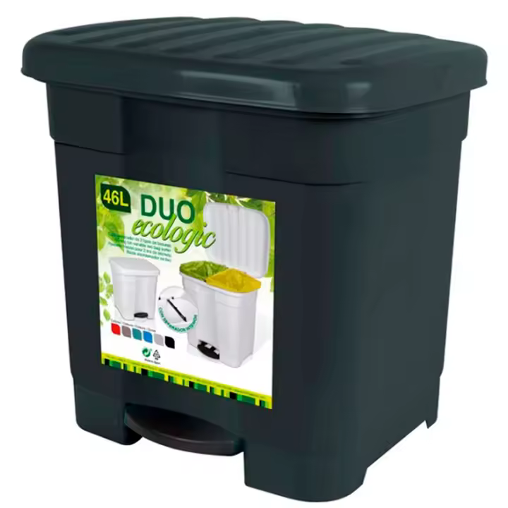 Tradineur - Cubo de basura con pedal, plástico, contenedor basura, papelera con separador para colocar dos bolsas, fabricado en España (Gris antracita, 46 litros, 45,5 x 43,5 x 39 cm) - 1