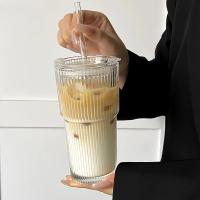 Vaso De Leche Y Café Frío De 600ML Con Tapa Y Pajita Transparente De Pattern Estriado Para Bebidas Vaso De Vidrio Redondo - details 0