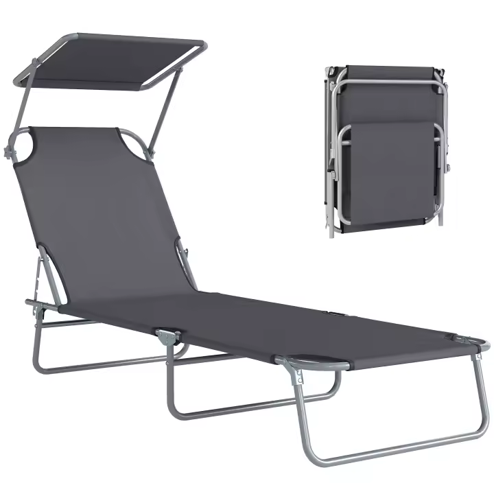 Outsunny Tumbona de Jardín Plegable Silla Tumbona con Toldo Desmontable y Regulable Respaldo Reclinable para Terraza Acampada al Aire Libre 187x58x36 cm Gris - 1