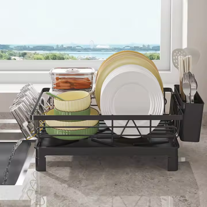 Rack De Secado De Platos De Metal Con Bandeja De Drenaje, Soporte Para Tazas Y Utensilios - Organizador De Cocina Espacioso Y Ahorrador De Espacio - 1