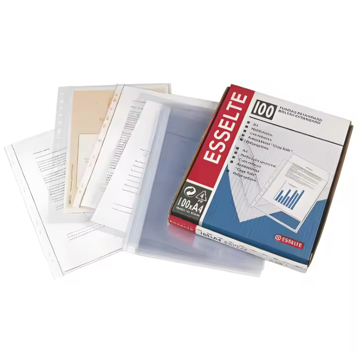 Caja 100 fundas polipropileno multitaladro formato folio 80 micras 16 taladros transparente esselte 46134 - 1