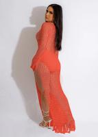 Vestido Midi Bodycon De Encaje Con Borlas Y Manga Larga Para Mujer Estilo Playa Fashion Hollow out Y Abertura Lateral Alta - details 12