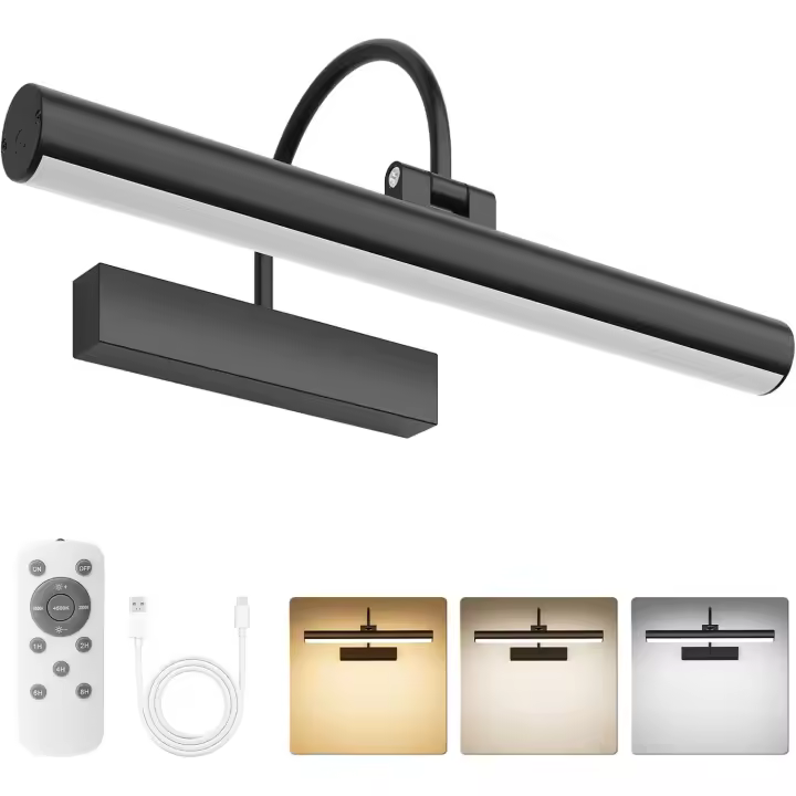Lámpara de pared recargable con control remoto, regulable y 3 temperaturas de color, funciona con pilas, temporizador y memoria, color negro. - 1