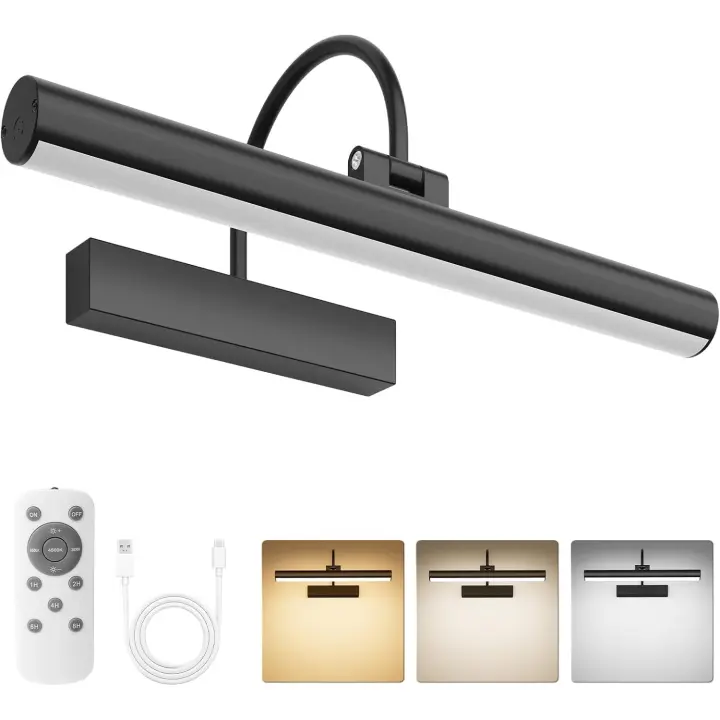 Lámpara de pared recargable con control remoto, regulable y 3 temperaturas de color, funciona con pilas, temporizador y memoria, color negro. - 1