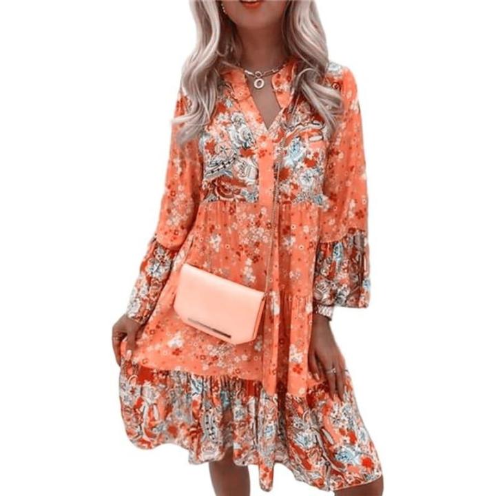 Vestido Mini Boho Floral para Mujer, Rosa, Manga Larga, Casual, Talla Plus, Botones, Primavera, Playa 2026