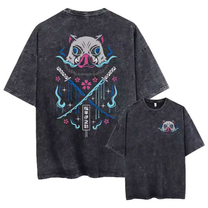 Camiseta De Algodón Vintage Lavada Con Diseño De Anime Demon Slayer Para Hombres Camiseta Gráfica De Calle Casual Para El Verano Sin Capucha Cuello Redondo - 1