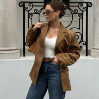 Chaqueta De Cuero Seda Vintage Para Mujer ZBZA Marrón Cuello Redondo Manga Larga Con Bolsillos Cierre Simple Estilo Casual Otoño Invierno - details 14