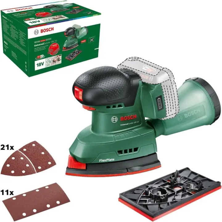 Bosch lijadora a batería UniversalSander 18V-10 (sin batería; sistema de 18 voltios; para bricolaje en madera; con 32 papeles de lija; en embalaje de cartón) - 1