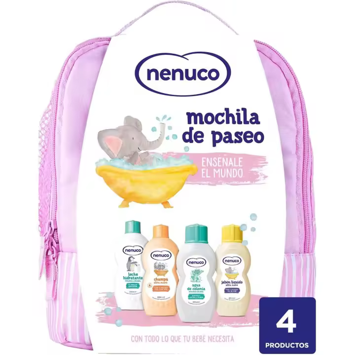 Nenuco Pack Bebé Mochila de Paseo Color Rosa - Contiene: Colonia, Jabón, Champú y Leche hidratante - Mochila Paseo Nenuco con 4 productos x 200 ml - 1