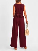 Traje De Mujer Elegante Y Moderno De Color Sólido Con Cuello En V Y Pierna Ancha Sin Mangas Traje De Verano Para Mujer - details 3