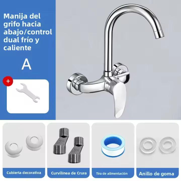 Grifo De Cocina De Pared Con Agua Caliente Y Fría Mezcladora De Cobre Para Lavabo Lavandería Balcón Instalación En Pared - 1