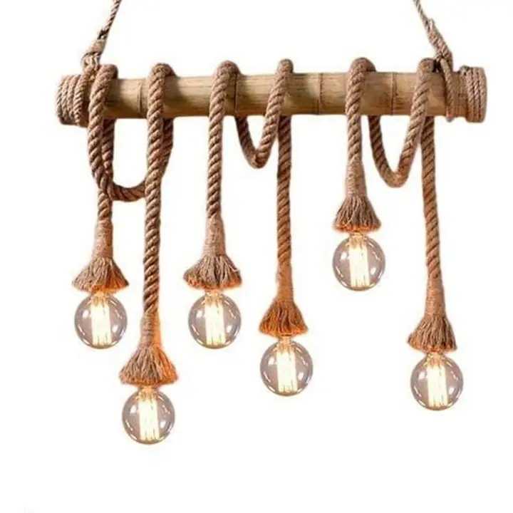 ONSSI® Lámpara Colgante de Estilo Industrial Vintage, Casquillo E27 Retro 6 Luces (bombilla no incluida) Lámpara de Cáñamo de Estilo Rústico, Cuerda de Cáñamo Para Bar, Cafetería, Restaurante y Oficina Personal, Color Marrón de Bambú Natural - 1