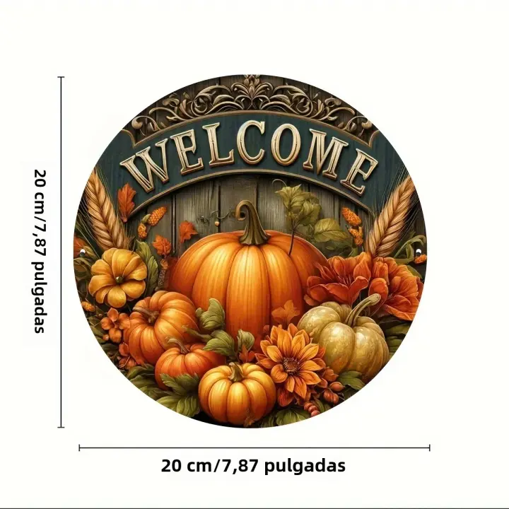 Cartel De Bem-Vindo Redondo De 8" En Metal Para Otoño Agradecimento E Festivais De Colheita Decoración Ideal Para Casa Ou Café - 1
