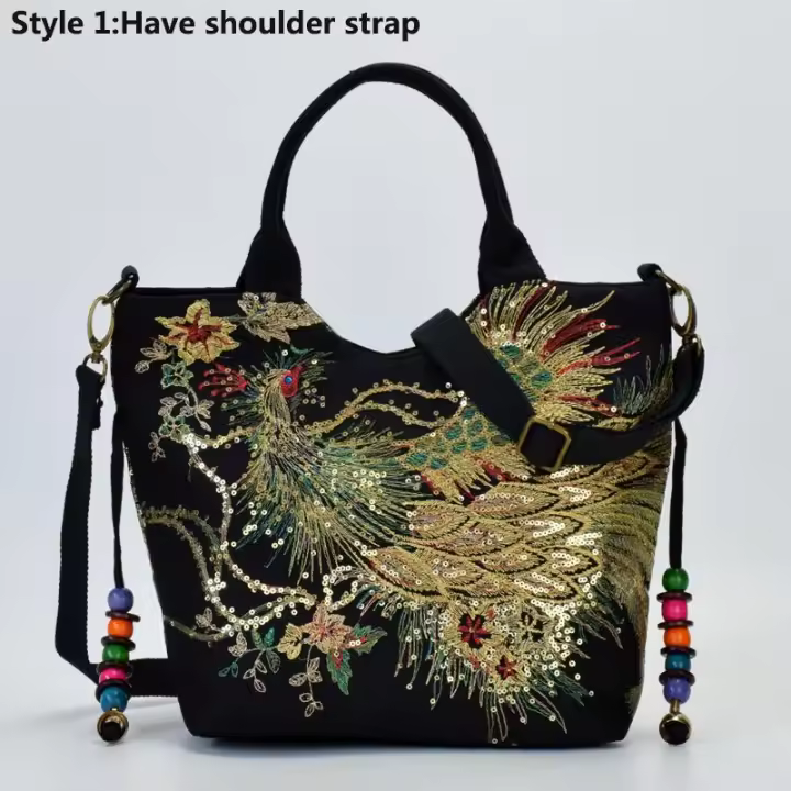Bolso de mano de Lona con bordado de pavo Real y de lentes brillantes para Mujer, Bolso de Hombre para Verano, Bolso de Cadena with cuentes vintage (simple, normal) - 1