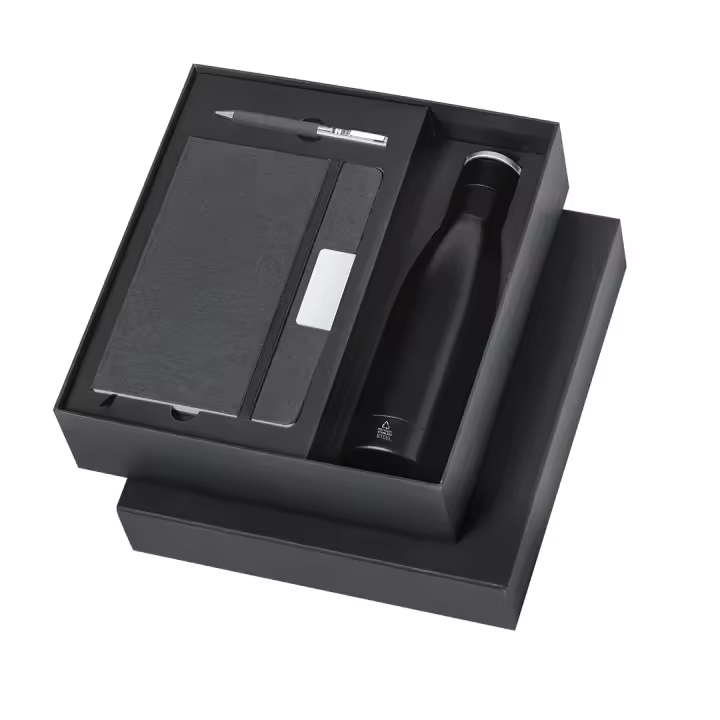 Set Premium- Termo de Acero Inoxidable 500 ml, Bloc de Notas, Bolígrafo-Acabado en color Negro Mate Elegante- Presentado en estuche individual- Material RPET- Regalo Navidad Cumpleaños Profesores. Soen Shop. - 1