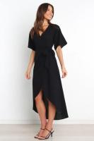 Vestido De Tobillo Elegante De Verano Para Mujer Con Aros Y Cuello V Corto Manga A-Line En Color Negro Decoración De Cuerda - details 1