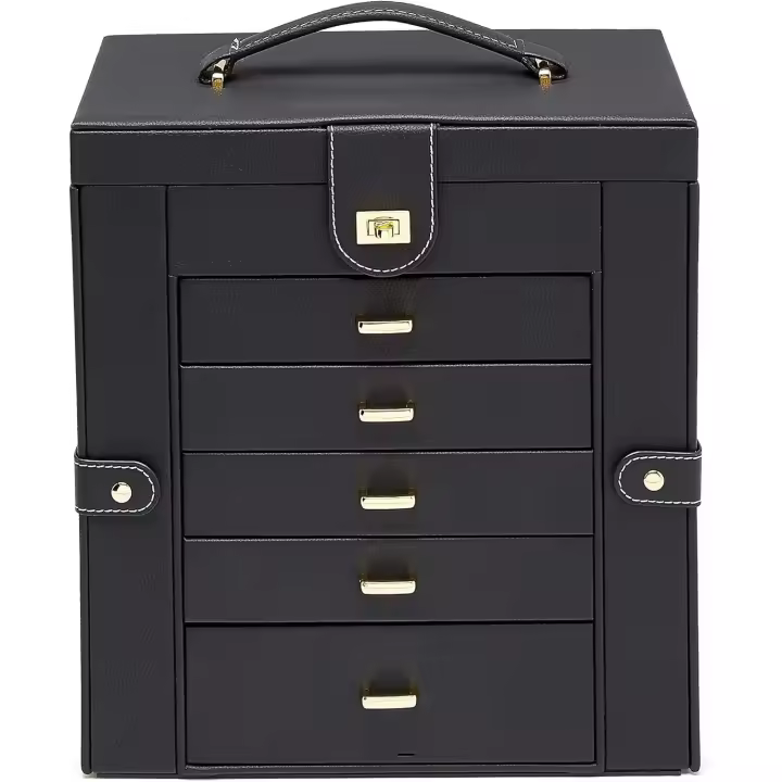 Joyero grande de cuero de 6 niveles con compartimentos laterales, rectangular, negro, 12,00" x 6,61" x 13" (30,3 cm x 16,8 cm x 33 cm) (largo x ancho x alto) - 1