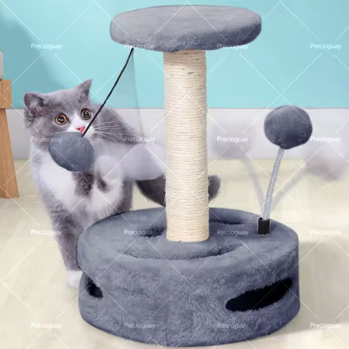 Rascador para gatos de interior, color gris, con dos bolas. - 1