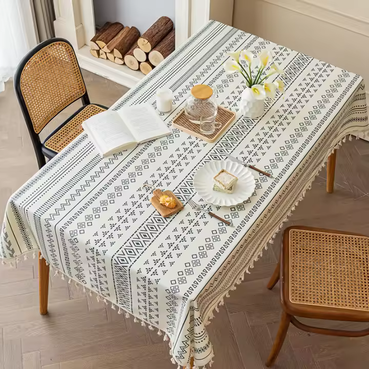 Mantel De Lino Y Algodón Impermeable Y Resistente a Los Aceites Estilo Étnico Rectangular Con Borlas Para Hogar - 1