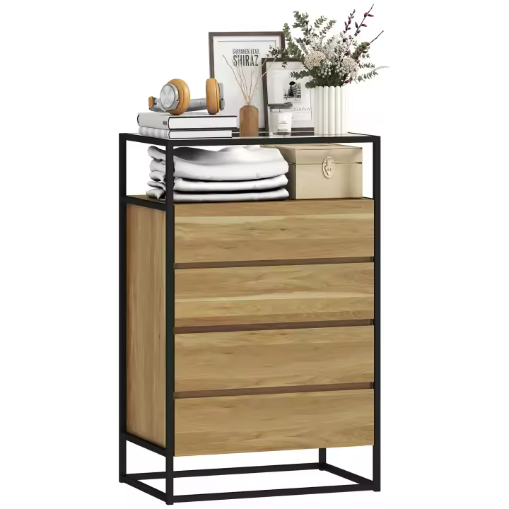 HOMCOM Cómoda 4 Cajones, Cómoda Dormitorio con Superficie de Vidrio Templado, Estante Abierto, Estructura de Acero, Cajonera para Salón, Oficina, 60x40x94,5 cm, Teca - 1