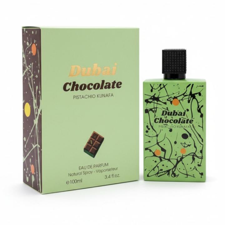 Dubai Chocolate Pistachio Kunafa Eau de Parfum. Aroma dulce y gourmand con pistacho cremoso y acorde inspirado en kunafa. Fragancia intensa, cálida y envolvente, perfecta para destacar en cualquier ocasión. 🚚 Envíos a España 24/48h.