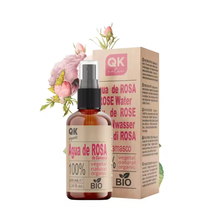 QKnatur - Agua de Rosa de Damasco - 100ml - Tónico facial 100% puro y Natural para rostro, contorno de ojos, escote - Botella de vidrio con Spray - 1