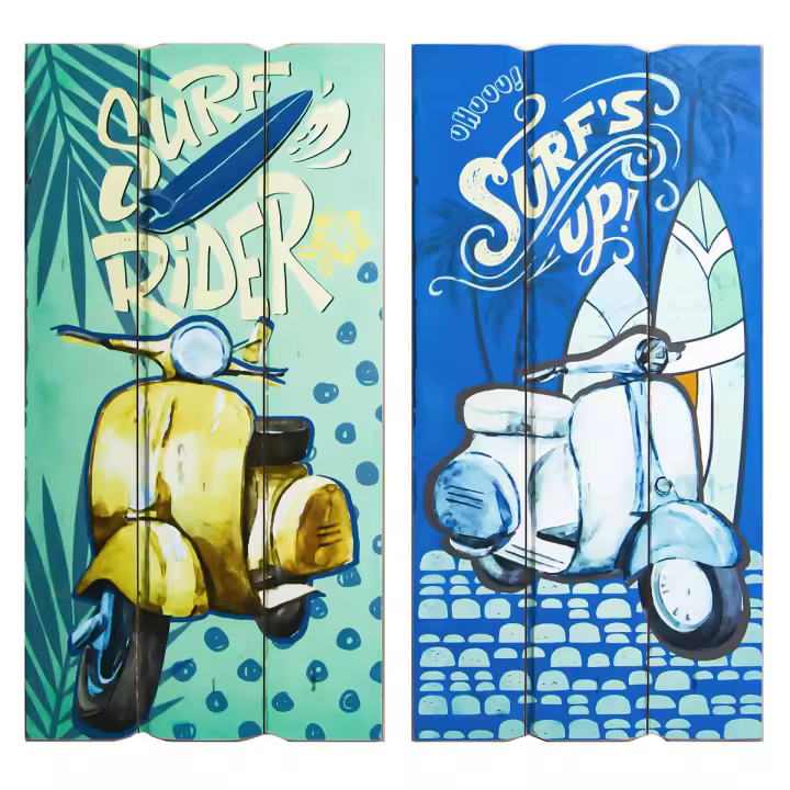 CAPRILO REGALOS & DECORACIÓN Set de 2 Adornos Colgantes Decorativos "Tablas Surf-Motos Vespa". Cuadros y Apliques. Verano. Muebles Auxiliares. Regalos Originales. Decoración para el Hogar. 30 x 1,80 x 60 cm - 1
