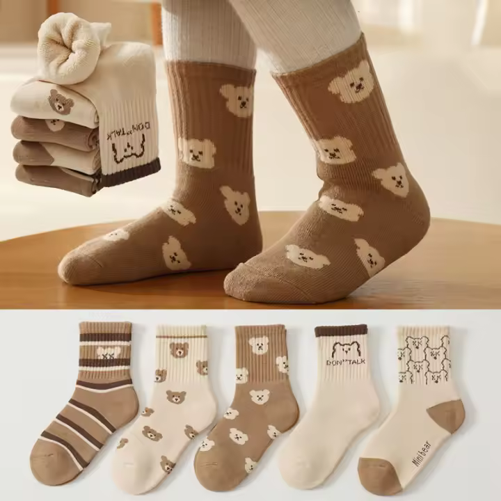 5 Pares De Calcetines Para Niñas Con Puntos Y Oso Terciopelo Cálidos Y Suaves Para Niños Y Niñas De 3 a 12 Años Calcetines De Tele Para Invierno - 1