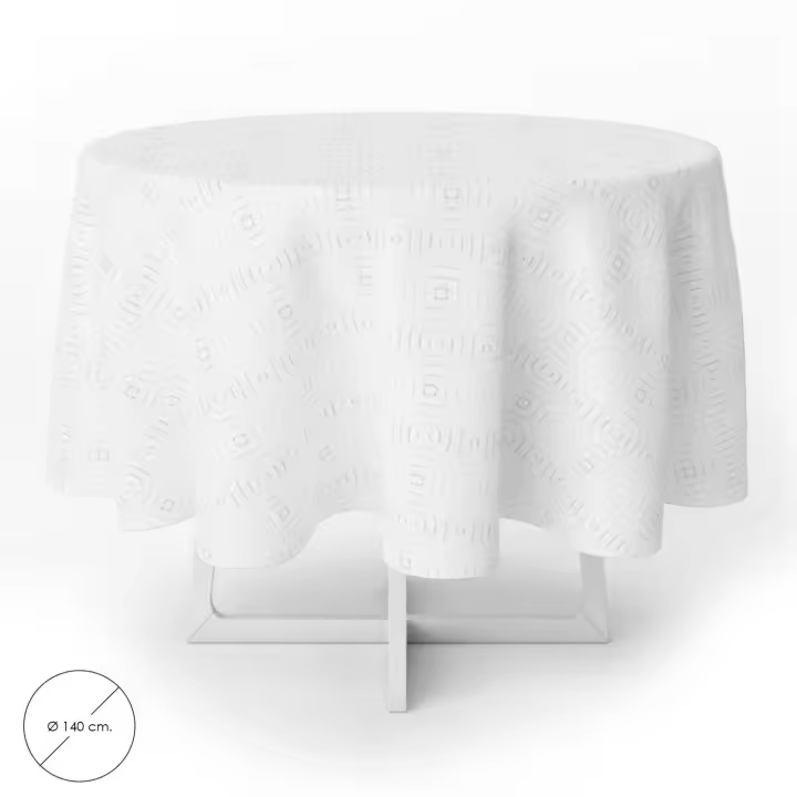 Mantel hule muleton redondo blanco impermeable antimanchas pvc ø 140 cm. uso interior y exterior - 1