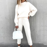 Conjunto De Dos Piezas Para Mujer De Otoño E Invierno Suéter De Cuello Alto Casual Color Sólido Pantalones Conjunto De Moda - details 8