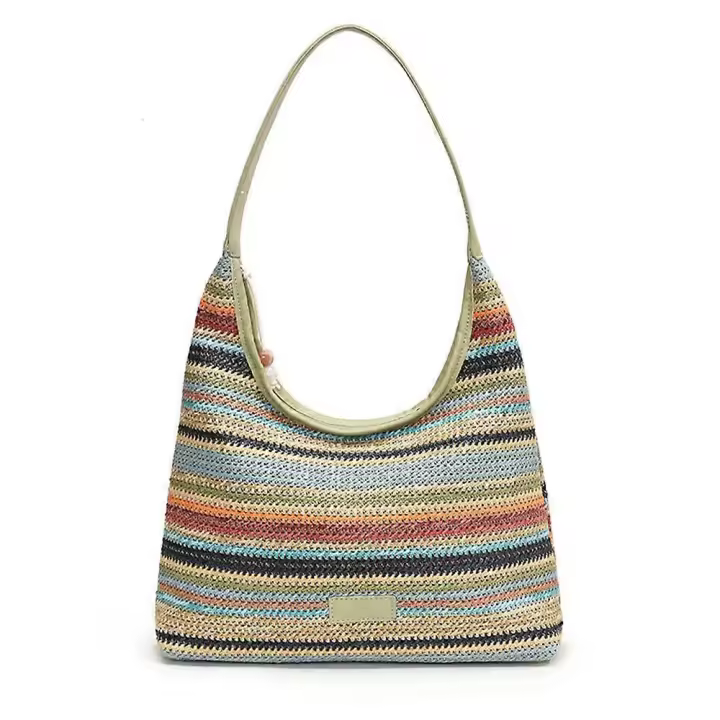 Bolso Hobo de paja para mujer Verano Multicolor Bolso de hombro a rayas Bolso de mano tejido de ganchillo Color brillante - 1