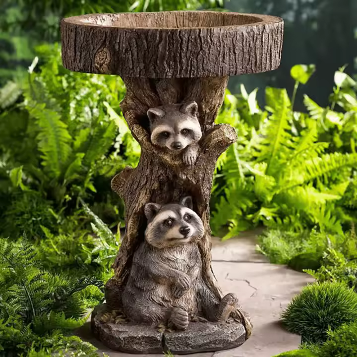 Baño De Pájaros De Resina Raccoon Antiguo Para Jardín Hogar Yard Estatua De Jardín De Resina Polímera Decoración Para Exteriores - 1