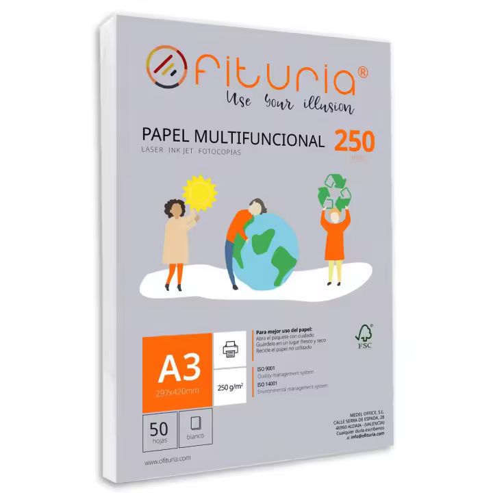 Paquete de folios A3 de 250gr con 50 Hojas Blancas, Papel Multifuncional para Uso Escolar y Entornos Laborales. Ideal con impresoras láser, de inyección o fotocopiadoras - Ofituria - 1