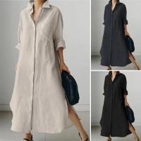 Vestido Largo Elegante Para Mujer Con Cuello Enrollado Y Abertura Casual A-Line Sólido Moda Solapa Simple Suéter Vestido De Manga Regular De Poliéster Con Estiramiento Leve - details 0