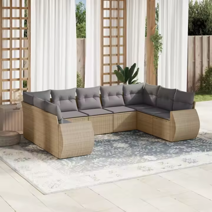 vidaXL Set de sofás de jardín 9 pzas con cojines ratán sintético beige - 1