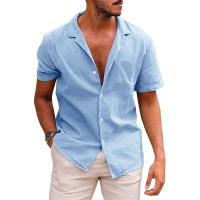 MOV-Camiseta de manga corta de lino de verano para hombre, talla grande, sudadera holgada, cárdigan con botones de color liso, camisa de algodón y lino para hombre - details 27