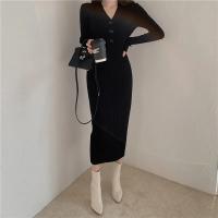 Vestido Bodycon Elegante Para Mujer Con Botones Y Cuello En V De Terciopelo Suave Manga Larga Estilo Oficina Otoño Invierno - details 39