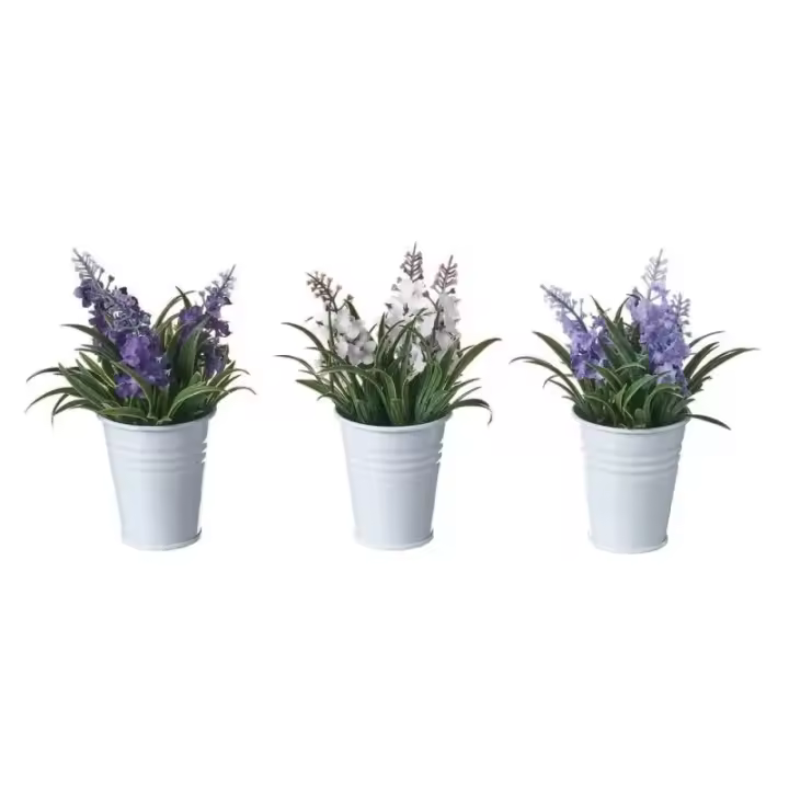 Dcasa Set de 3 plantas artificiales lavanda de tela con vaso blanco de metal de Ø 9x14 cm - 1