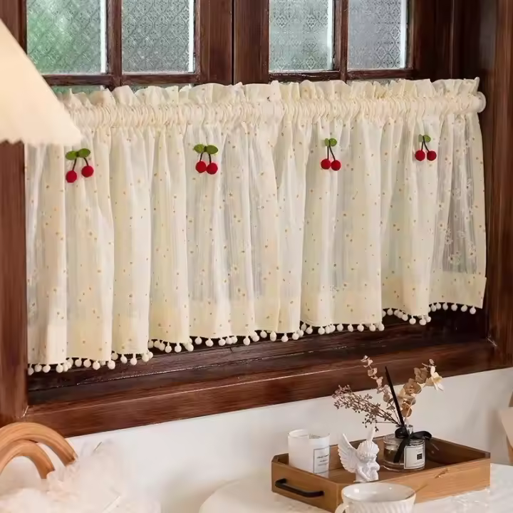 Cortina Corta Pastoral Con Valance De Margarita Para Cocina Ventana Pequeña Armario Porche Sala De Estar Tassel Rojo Cereza - 1