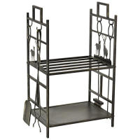 Outsunny Soporte para Leña de Metal de 2 Niveles Estante para Leña con 4 Herramientas y Asas para Chimenea para Interior y Exterior 51,5x33x77 cm Negro Dorado - details 0